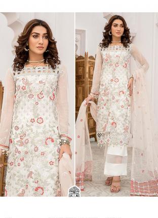 White Georgette Party Wear Embroidery Work Pakistani Suit