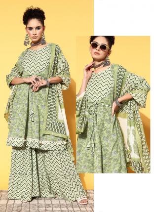 Pista Green Pure Cotton Traditional Wear Printed Work Readymade Salwar Suit