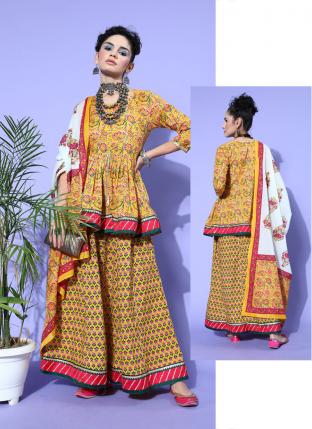 Yellow Pure Cotton Traditional Wear Printed Work Readymade Salwar Suit