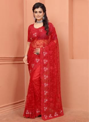 Red Net Reception Wear Embroidery Work Saree