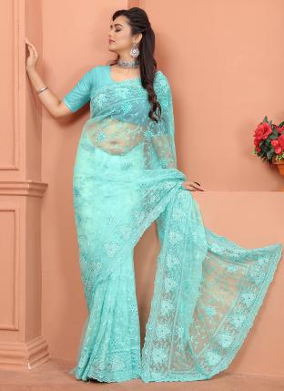 Turquoise Blue Net Reception Wear Embroidery Work Saree