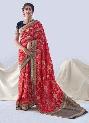 Red Organza Silk Festival Wear Weaving Saree