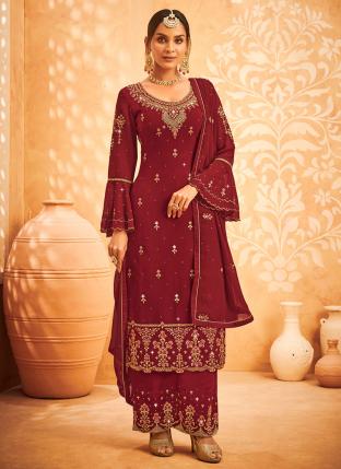 Maroon Faux Georgette Wedding Wear Embroidery Work Salwar Suit