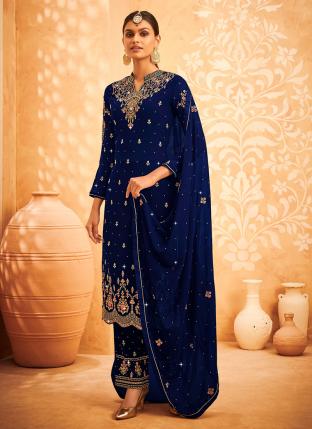 Navy blue Faux Georgette Wedding Wear Embroidery Work Salwar Suit