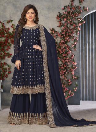 Navy blue Faux Georgette Reception Wear Embroidery Work Sharara Suit