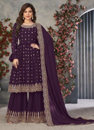 Purple Faux Georgette Reception Wear Embroidery Work Sharara Suit