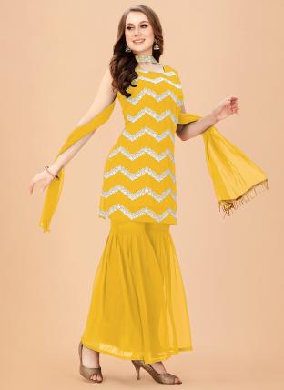 Yellow Faux Georgette Party Wear Sequins Work Readymade Salwar Suit