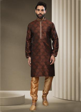 Brown Brocade Silk Traditional Wear Jacquard Kurta Pajama