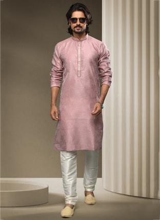 Light Pink Brocade Silk Traditional Wear Jacquard Kurta Pajama