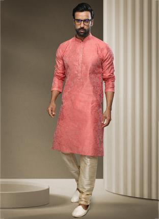 Pink Brocade Silk Traditional Wear Jacquard Kurta Pajama