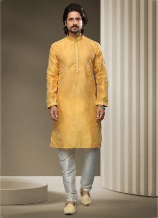 Yellow Brocade Silk Traditional Wear Jacquard Kurta Pajama
