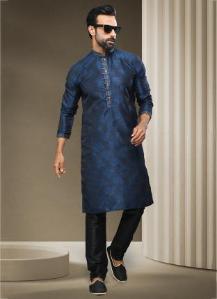 Blue Brocade Silk Traditional Wear Jacquard Kurta Pajama