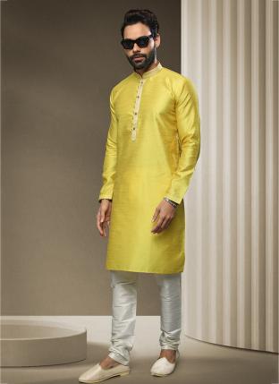 Yellow Brocade Silk Traditional Wear Jacquard Kurta Pajama