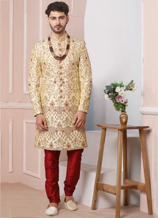 Golden Art Banarasi Silk Wedding Wear Embroidery Work Chudidar Sherwani
