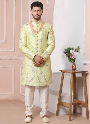 Green Art Banarasi Silk Wedding Wear Embroidery Work Chudidar Sherwani