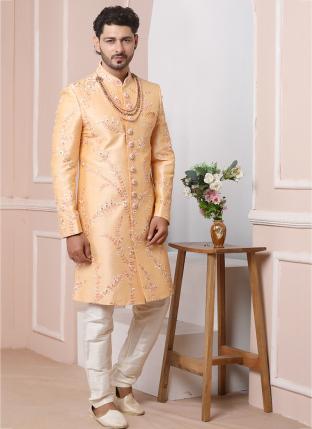 Peach Art Banarasi Silk Wedding Wear Embroidery Work Chudidar Sherwani