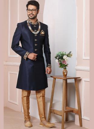 Navy blue Art Banarasi Silk Wedding Wear Embroidery Work Aligadhi Pant