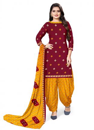 Maroon Yellow Lawn Crepe Regular Wear Printed Work Patiyala Suit