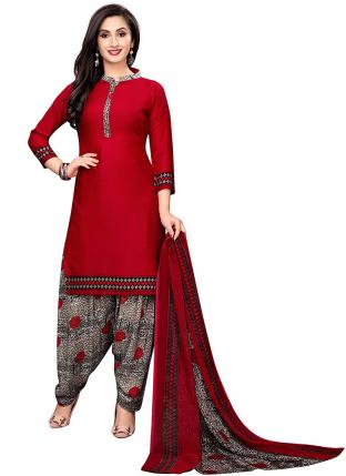 Red Lawn Crepe Regular Wear Printed Work Patiyala Suit