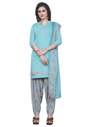 Sky blue Lawn Crepe Daily Wear Printed Work Patiyala Suit