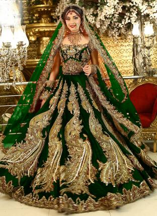 Green Velvet Bridal Wear Dori Work Lehenga Choli