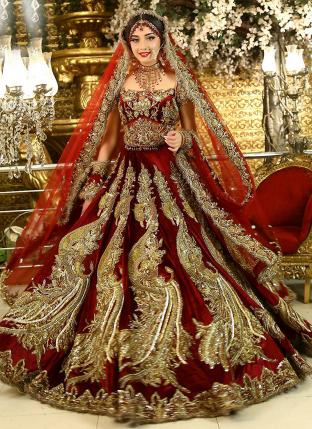 Maroon Velvet Bridal Wear Dori Work Lehenga Choli