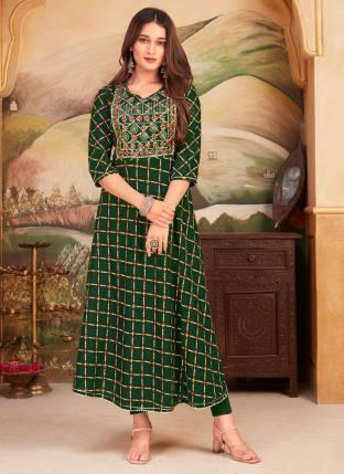 Green Rayon Casual Wear Embroidery Work Gown
