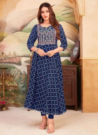 Navy blue Rayon Casual Wear Embroidery Work Gown