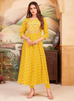 Yellow Rayon Casual Wear Embroidery Work Gown