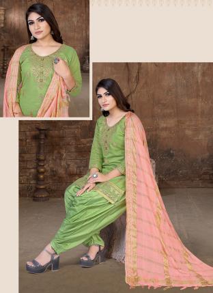 Light Green Modal Chanderi Festival Wear Embroidery Work Patiyala Suit