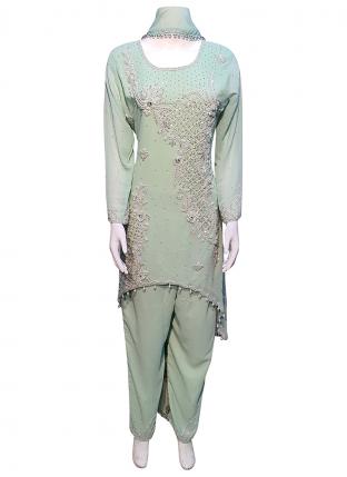 Pista Green Georgette Wedding Wear Hand Work Readymade Salwar Suit