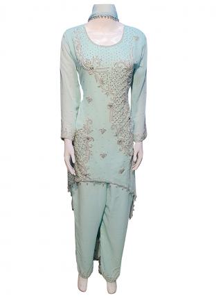 Turquoise Blue Georgette Wedding Wear Hand Work Readymade Salwar Suit