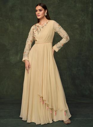 Beige Georgette Party Wear Embroidery Work Gown