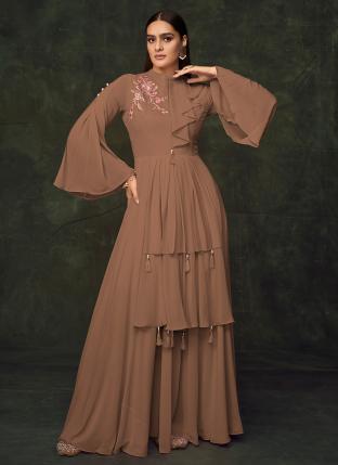 Brown Georgette Party Wear Embroidery Work Gown
