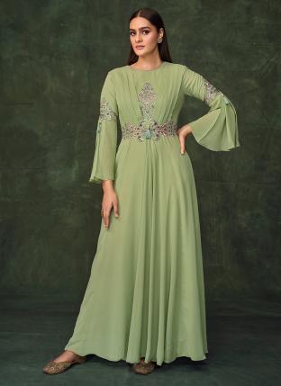Pista Green Georgette Party Wear Embroidery Work Gown