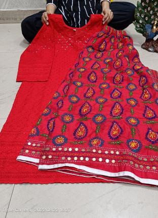 Dark Pink Cambric Cotton Festival Wear Sequins Work Kurti With Sharara