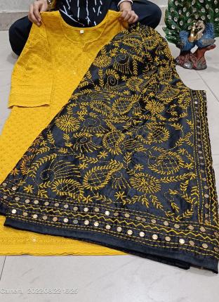 Yellow Cambric Cotton Festival Wear Sequins Work Kurti With Sharara