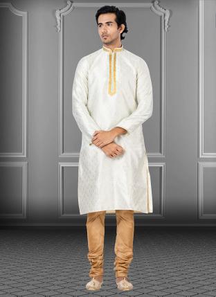 White Linen Silk Festival Wear Weaving Kurta Pajama