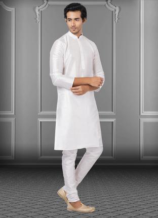 White Dhupion Raw Silk Festival Wear Weaving Kurta Pajama