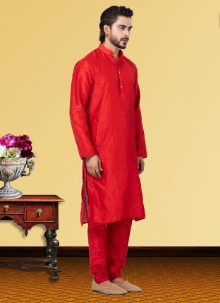 Red Dhupion Raw Silk Festival Wear Weaving Kurta Pajama
