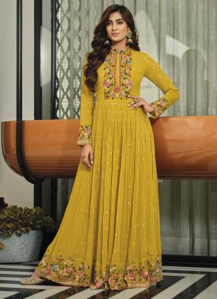 Yellow Georgette Wedding Wear Embroidery Work Gown With Dupatta