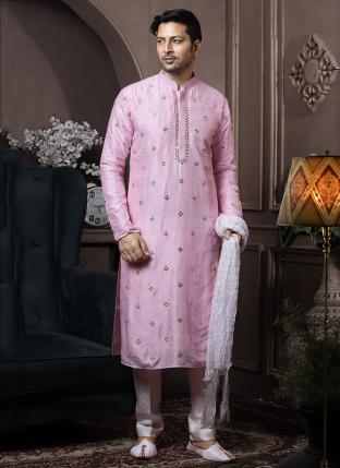  Pink Dyeable Silk Traditional Wear Mirror Work Kurta Pajama