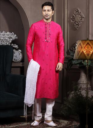 Dark Rani Dyeable Silk Traditional Wear Mirror Work Kurta Pajama