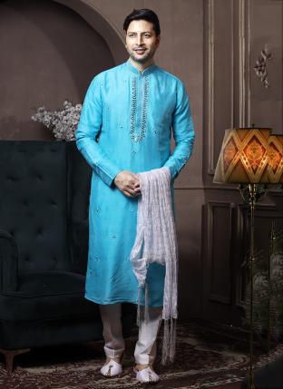 Firozi Dyeable Silk Traditional Wear Mirror Work Kurta Pajama