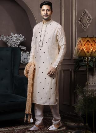 Light Phone Dyeable Silk Traditional Wear Mirror Work Kurta Pajama