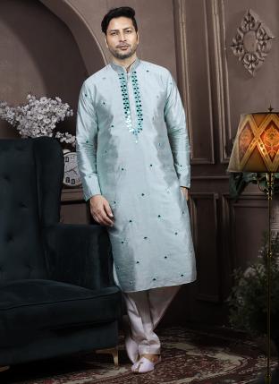 Light Pista Dyeable Silk Traditional Wear Mirror Work Kurta Pajama