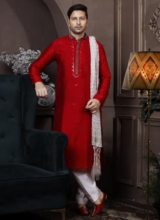 Red Dyeable Silk Traditional Wear Mirror Work Kurta Pajama