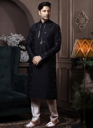 Black Dyeable Silk Traditional Wear Mirror Work Kurta Pajama