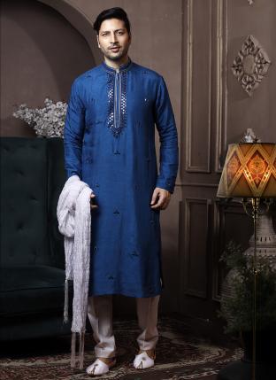 Dark Blue Dyeable Silk Traditional Wear Mirror Work Kurta Pajama
