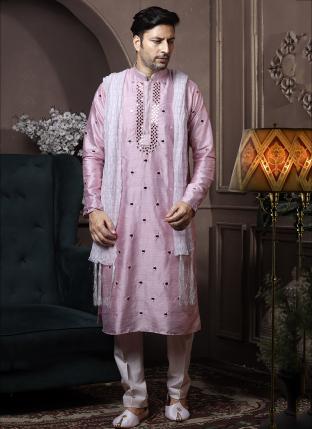 Light Pink Dyeable Silk Traditional Wear Mirror Work Kurta Pajama